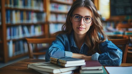A serious young teacher with glasses sits at a table in the library. She has long brown hair and wears a denim shirt. The room is filled with bookshelves filled with books and a wooden table. - Powered by Adobe