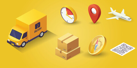 Vector parcel and postal service and smartphone tracking app illustration with yellow delivery truck. Express delivery.	