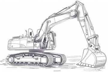 Schematic technical line drawing of an excavator with a bucket on a white background