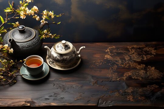 minimalistic design Aromatic pu-erh tea served on grey table, top view. Banner design with space for text,