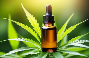 Close-up of a bottle of cannabis cbd oil against the background of hemp leaves. The concept of legalization and use of marijuana in medicine. Copy space.