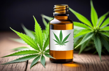 Close-up of a bottle of cannabis cbd oil against the background of hemp leaves. The concept of legalization and use of marijuana in medicine. Copy space.