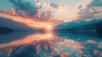 A serene lake reflecting the surrounding mountains and the fiery hues of a setting sun, creating a...