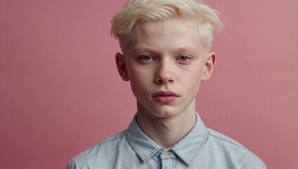 A close-up of a young boy with platinum blond hair and a stoic expression against a pink background