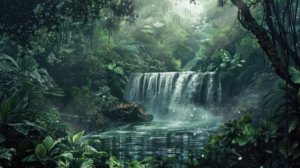 A secluded waterfall hidden deep within a lush jungle, its cascading waters a symphony of sound and...