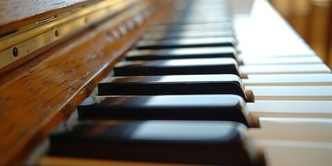 Detailed close up of a piano keyboard with blurred surroundings