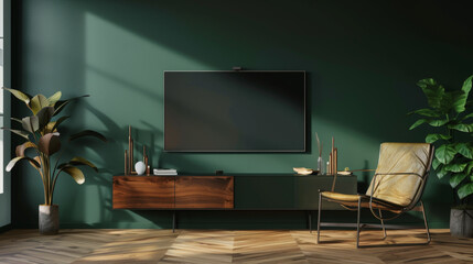 modern living room with tv, dark green wall, mockup, copy space