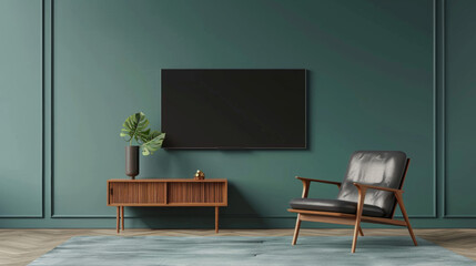 modern living room with tv, dark green wall, mockup, copy space