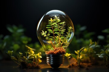 minimalistic design Eco friendly lightbulb from fresh leaves top vie, concept of Renewable Energy and Sustainable Living, - obrazy, fototapety, plakaty