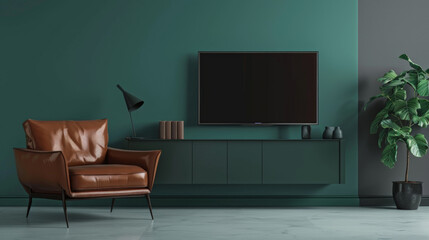 modern living room with tv, dark green wall, mockup, copy space