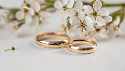 Obraz na płótnie Canvas Two golden wedding rings with white roses on a gold background stock images. Engagement rings with a bouquet of white flowers image. AI generated illustration