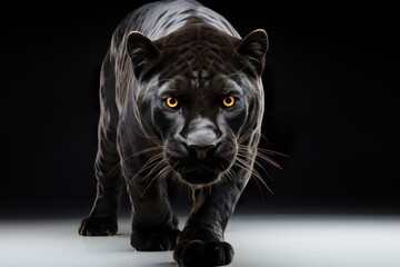 minimalistic design black leopard, panthera pardus, walking towards, staring at the camera and showing - obrazy, fototapety, plakaty