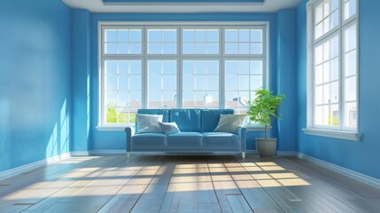 Fototapeta premium Empty blue living room with large windows generative ai