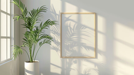 Mockup poster wood frame close up with white empty space and accessories decor in cozy white interior background.Scene with sunlight casting soft shadows.