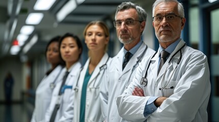 A group of doctors standing in a hospital hallway, with serious expressions and their arms crossed.
