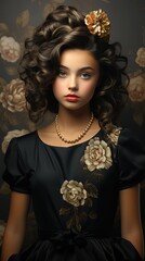 A young girl with curly hair and a flower in her hair, wearing a black dress and pearls. She has a serious expression and is standing in front of a wall with flowers.