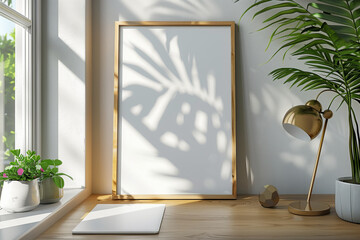 Mockup poster wood frame close up with white empty space and accessories decor in cozy white interior background.Scene with sunlight casting soft shadows.