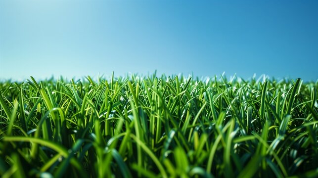 A vibrant, super realistic image featuring a lush, green lawn under the clear blue sky of a perfect day.