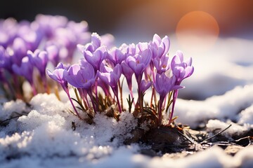 minimalistic design Crocuses - blooming purple flowers making their way from under the snow in early spring