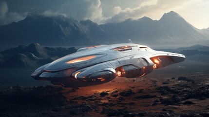 Fototapeta premium An alien spaceship is hovering over a rocky terrain with mountains in the background. The ship has a sleek, silver design with glowing orange accents.