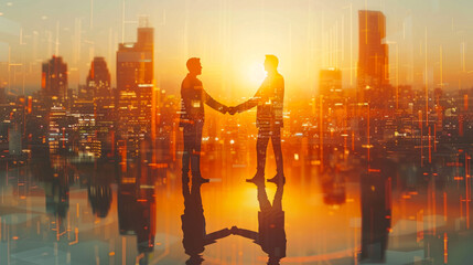 business handshake in a corporate setting overlaid with transparent financial trading graphs.