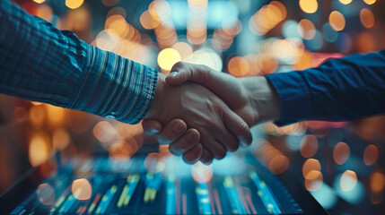 Handshake on Blurred Tech Background with Bokeh Lights