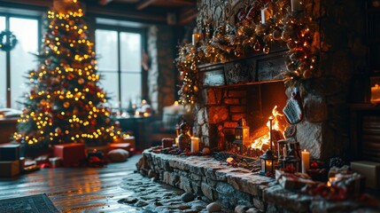 A cozy fireplace is lit, surrounded by a Christmas tree, presents, and candles.