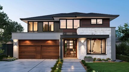 modern two-story house with lighting, wooden paneling of external walls and garage doors, dark gray roof, front view, green grass near the concrete path around the house