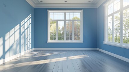 Empty blue living room with large windows generative ai