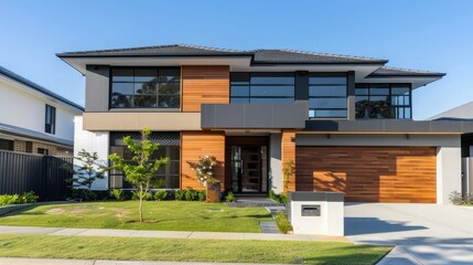 Fototapeta na wymiar modern two-story house with lighting, wooden paneling of external walls and garage doors, dark gray roof, front view, green grass near the concrete path around the house
