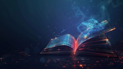 Futuristic digital technology open book with polygonal glowing lines dark background. AI generated - obrazy, fototapety, plakaty