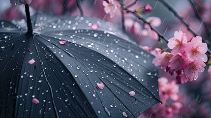 Black umbrella with pink flowers, raindrops falling on the black surface of an open umbrella, pink and dark purple cherry blossoms blooming in the background. - obrazy, fototapety, plakaty