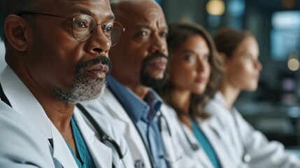 A group of diverse doctors are sitting next to each other in a line, wearing lab coats and stethoscopes. They appear focused and serious. - Powered by Adobe
