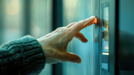 A persons hand pushing a button on a door to open or close it, showing human interaction with technology