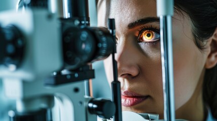 A woman with bright yellow eyes looks through an eye test machine.