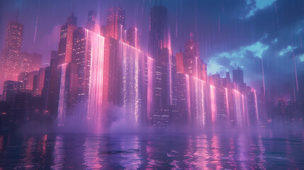 fountain at night with surreal cityscape 