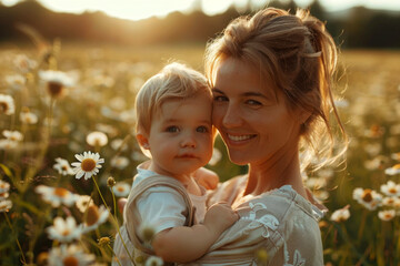 Mom and baby having happy moment in the flower garden field background, having fum with picnic time with family, baby playing with mother scene.