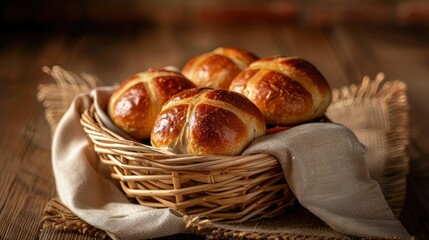 freshly baked buns in a basket, studio lighting, rustic style, wooden table with linen cloth and brown background, close-up.