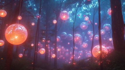 lights in the forest and floating orbs - obrazy, fototapety, plakaty