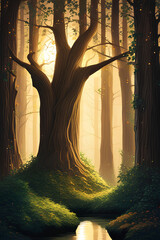 A magical, enchanted mystical fairy-tale forest, with towering trees - obrazy, fototapety, plakaty