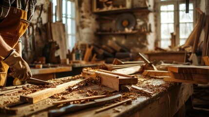 A carpenter works on a wooden table in a workshop. The table is littered with shavings and various tools. Close-up of hands. - obrazy, fototapety, plakaty