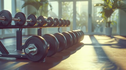 Neatly organized dumbbells on rack in gym setting.