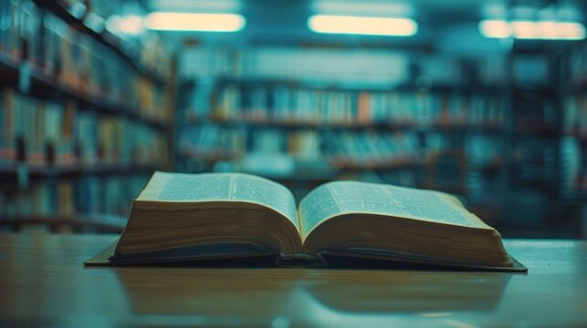 Open book in a library room of high school blur background. AI generated image