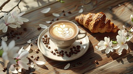A cup of coffee in the shape of magnolia flowers and a croissant on a white plate, surrounded by...