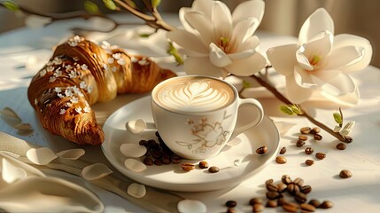 A cup of coffee in the shape of magnolia flowers and a croissant on a white plate, surrounded by...