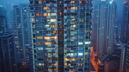 Aerial view of the exterior wall of a residential building at night with the lights on in each room. The buildings have large windows and glass facades, creating a modern cityscape.