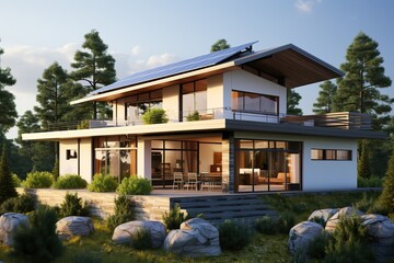 minimalistic design house with photovoltaic or solar panels isolated
