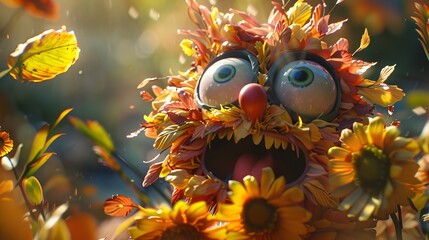 Funny monster made of flowers on the background of the autumn landscape