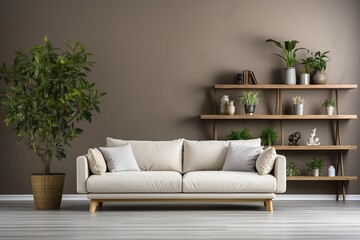 minimalistic design Interior of light living room with sofa, shelving units and artificial plants,