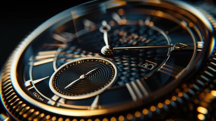 black background, close up of clock with gold details, insanely detailed and intricate, cinematic lighting